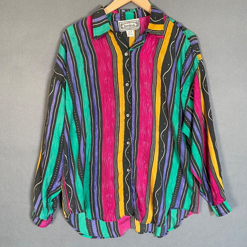 VTG 90s Bonjour Womens Button Up Top Size S 100% Silk Colorful Artsy Striped 80s